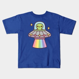 Cute Alien In UFO Spaceship With Rainbow Ray Kids T-Shirt